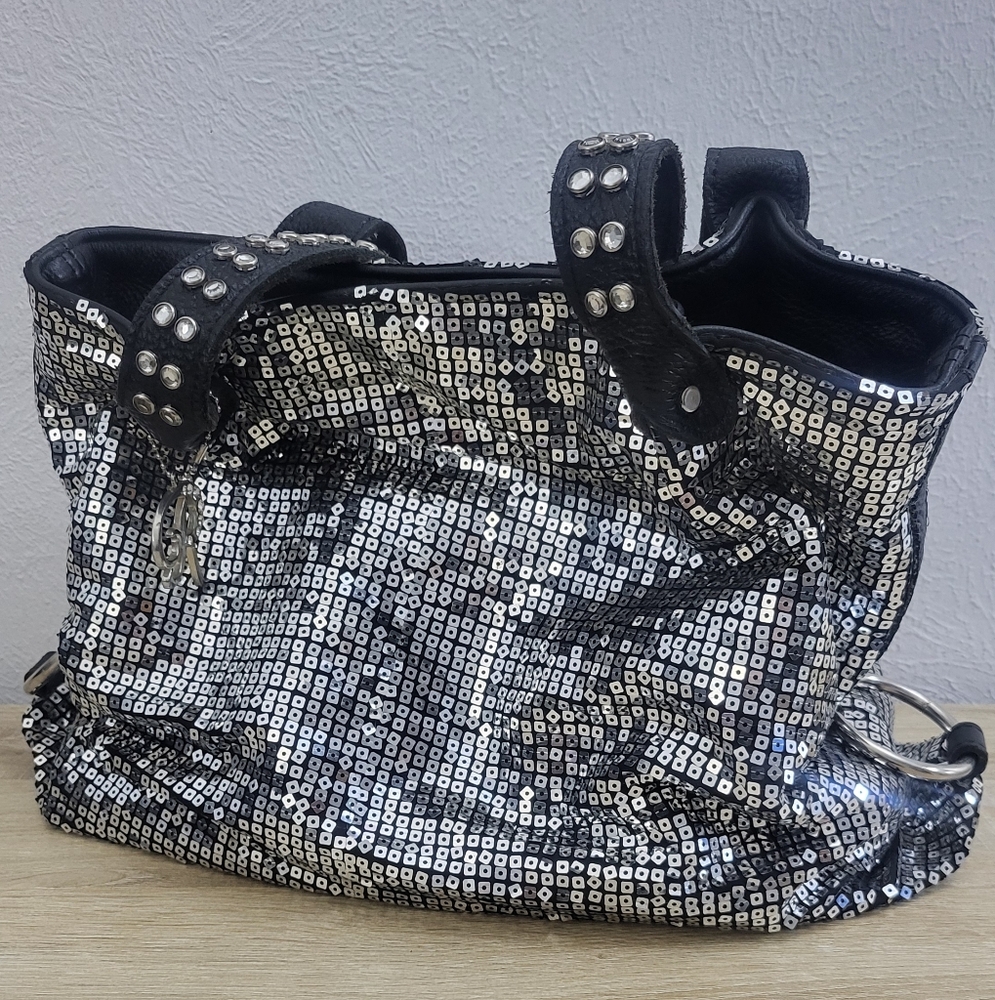 Raviani Silver and Black Shoulder Bag with Glamorous Metallic Design